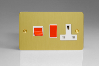 Varilight Ultraflat Brushed Brass 45A Cooker Panel with 13A Double Pole Switched Socket Outlet (Red Rocker)