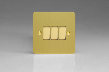 Varilight Ultraflat Brushed Brass 3-Gang 10A 1- or 2-Way Rocker Switch