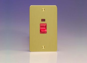 Varilight Ultraflat Brushed Brass 45A Cooker Switch + Neon (Vertical Twin Plate, Red Rocker)