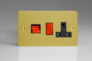 Varilight Ultraflat Brushed Brass 45A Cooker Panel with 13A Double Pole Switched Socket Outlet (Red Rocker)