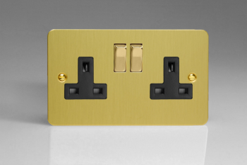 Varilight Ultraflat Brushed Brass 2-Gang 13A Double Pole Switched Socket with Metal Rockers