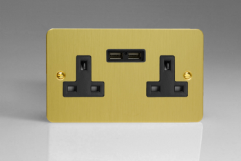 Varilight Ultraflat Brushed Brass 2-Gang 13A Unswitched Socket + 2 5V DC 2100mA USB Charging Ports