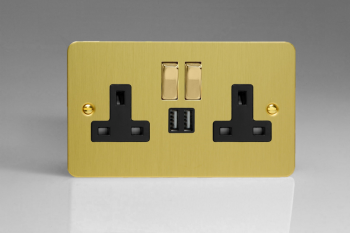 Varilight Ultraflat Brushed Brass 2-Gang 13A Single Pole Switched Socket with Metal Rockers + 2 5V DC 2100mA USB Charging Ports