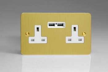 Varilight Ultraflat Brushed Brass 2-Gang 13A Unswitched Socket + 2 5V DC 2100mA USB Charging Ports