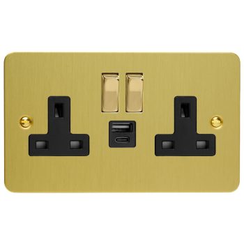 Varilight ultra flat brushed brass Double Socket with 20W Shared USB A & C Charging Ports
