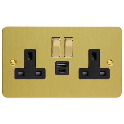 Varilight ultra flat brushed brass Double Socket with 20W Shared USB A & C Charging Ports