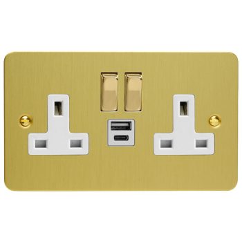 Varilight Ultra Flat Brushed Brass Double Socket with 20W Shared USB A & C Charging Ports