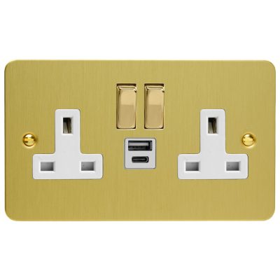 Varilight Ultra Flat Brushed Brass Double Socket with 20W Shared USB A & C Charging Ports