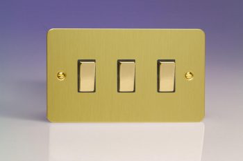 Varilight Ultra Flat Brushed Brass 3-Gang 10A 1- or 2-Way Rocker Switch (Twin Plate)