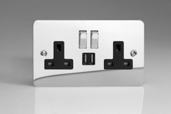 Varilight Ultraflat Polished Chrome 2-Gang 13A Single Pole Switched Socket with Metal Rockers + 2 5V DC 2100mA USB Charging Ports