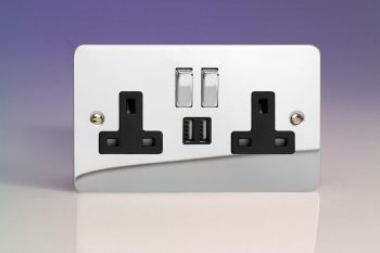 Varilight Ultraflat 2-Gang 13A Single Pole Switched Socket with Metal Rockers + 2x5V DC 2100mA USB Charging Ports