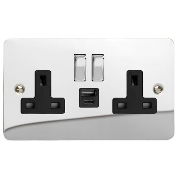 Varilight Ultra Flat Polished Chrome Double Socket with 20W Shared USB A & C Charging Ports