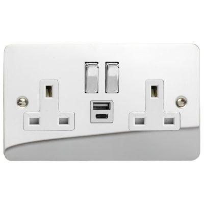 Varilight Ultra Flat Polished Chrome Double Socket with 20W Shared USB A & C Charging Ports