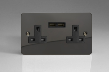 Varilight Ultraflat Iridium Black 2-Gang 13A Unswitched Socket + 2 5V DC 2100mA USB Charging Ports