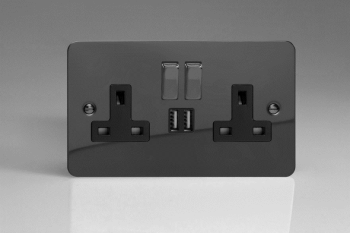 Varilight Ultraflat Iridium Black 2-Gang 13A Single Pole Switched Socket with Metal Rockers + 2 5V DC 2100mA USB Charging Ports