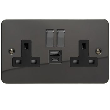 Varilight Ultra Flat Iridium Black Double Socket with 20W Shared USB A & C Charging Ports
