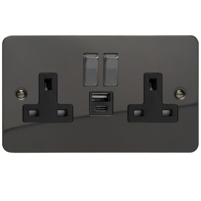 Varilight Ultra Flat Iridium Black Double Socket with 20W Shared USB A & C Charging Ports