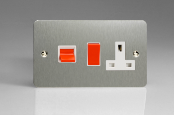 Varilight Ultraflat Brushed Steel 45A Cooker Panel with 13A Double Pole Switched Socket Outlet (Red Rocker)