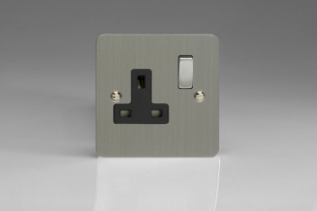 Varilight Ultraflat Brushed Steel 1-Gang 13A Double Pole Switched Socket with Metal Rockers