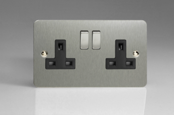 Varilight Ultraflat Brushed Steel 2-Gang 13A Double Pole Switched Socket with Metal Rockers