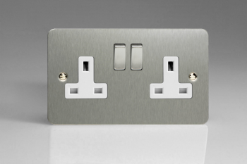 Varilight Ultraflat Brushed Steel 2-Gang 13A Double Pole Switched Socket with Metal Rockers