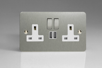 Varilight Ultraflat Brushed Steel 2-Gang 13A Single Pole Switched Socket with Metal Rockers + 2 5V DC 2100mA USB Charging Ports