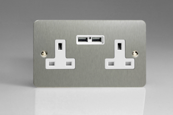 Varilight Ultraflat Brushed Steel 2-Gang 13A Unswitched Socket + 2 5V DC 2100mA USB Charging Ports