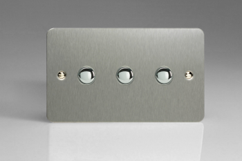 Varilight Ultraflat Brushed Steel 3-Gang 6A 1- or 2-Way Push-On/Off Impulse Switch (Twin Plate)