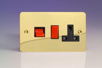 Varilight Ultraflat Polished Brass 45A Cooker Panel with 13A Double Pole Switched Socket Outlet (Red Rocker)