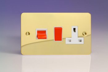 Varilight Ultraflat Polished Brass 45A Cooker Panel with 13A Double Pole Switched Socket Outlet (Red Rocker)