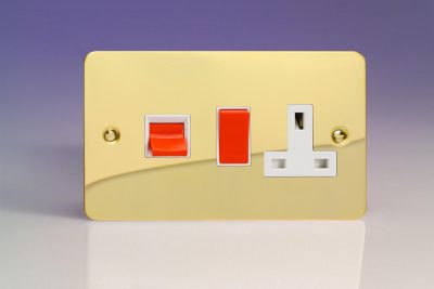 Varilight Ultraflat Polished Brass 45A Cooker Panel with 13A Double Pole Switched Socket Outlet (Red Rocker)