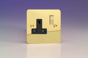 Varilight Ultraflat Polished Brass 1-Gang 13A Double Pole Switched Socket with Metal Rockers