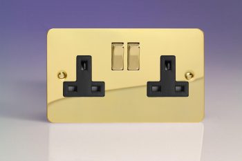 Varilight Ultraflat Polished Brass 2-Gang 13A Double Pole Switched Socket with Metal Rockers