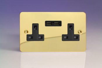 Varilight Ultraflat Polished Brass 2-Gang 13A Unswitched Socket + 2x5V DC 2100mA USB Charging Ports