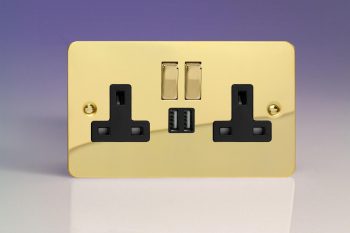 Varilight Ultraflat Polished Brass 2-Gang 13A Single Pole Switched Socket with Metal Rockers + 2x5V DC 2100mA USB Charging Ports