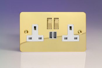 Varilight Ultraflat Polished Brass 2-Gang 13A Single Pole Switched Socket with Metal Rockers + 2x5V DC 2100mA USB Charging Ports