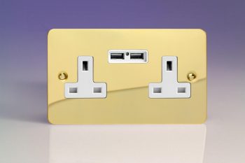 Varilight Ultraflat Polished Brass 2-Gang 13A Unswitched Socket + 2x5V DC 2100mA USB Charging Ports