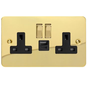 Varilight Ultra Flat Polished Brass Double Socket with 20W Shared USB A & C Charging Ports