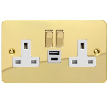 Varilight Ultra Flat Polished Brass Double Socket with 20W Shared USB A & C Charging Ports