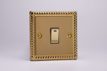 Varilight Classic Georgian Brass 1-Gang 20A Double Pole Rocker Switch with Neon Indicator Light