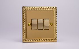 Varilight Classic Georgian Brass 3-Gang 10A 1- or 2-Way Rocker Switch with Metal Rockers