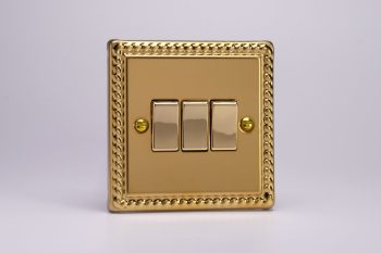 Varilight Classic Georgian Brass 3-Gang 10A 1- or 2-Way Rocker Switch with Metal Rockers