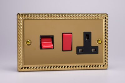 Varilight Classic Georgian Brass 45A Cooker Panel with 13A Double Pole Switched Socket Outlet (Red Rocker)