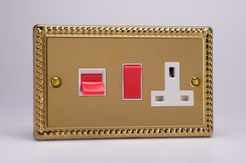 Varilight Classic Georgian Brass 45A Cooker Panel with 13A Double Pole Switched Socket Outlet (Red Rocker)