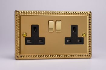 Varilight Classic Georgian Brass 2-Gang 13A Double Pole Switched Socket with Metal Rockers
