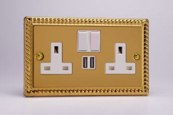 Varilight Classic Georgian Brass 2-Gang 13A Single Pole Switched Socket + 2 5V DC 2100mA USB Charging Ports