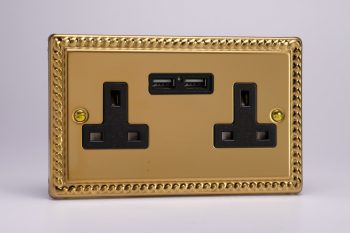 Varilight Classic Georgian Brass 2-Gang 13A Unswitched Socket + 2 5V DC 2100mA USB Charging Ports