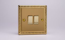 Varilight Classic Georgian Brass 2 Gang Rocker Switch - 1x 10a Intermediate Switch & 1x10a 1- or 2-Way Switch