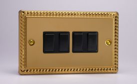 Varilight Classic Georgian Brass 4-Gang 10A 1- or 2-Way Rocker Switch (Twin Plate)
