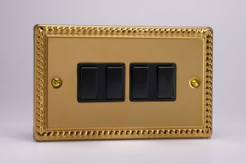 Varilight Classic Georgian Brass 4-Gang 10A 1- or 2-Way Rocker Switch (Twin Plate)